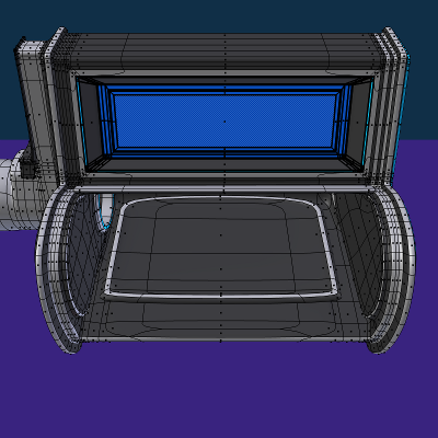 render viewport malla terminal con tapa abierta y contenedor dentro vista frontal elevada