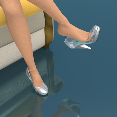 render de la modelo sentada quitandose el zapato de cristal