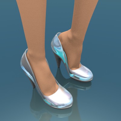 render de los zapatos de cristal en los pies de la modelo
