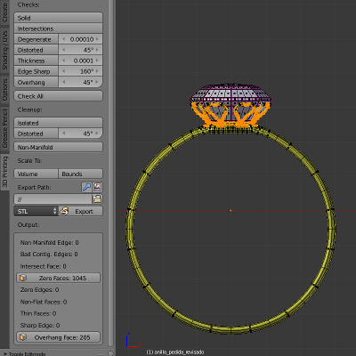 captura de los resultados del addon 3d print toolbox para el anillo