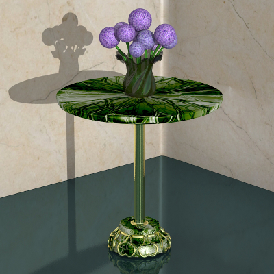 render de la mesa con jarron de hortensias