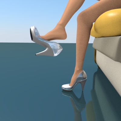 render de la modelo sentada quitandose el zapato de cristal