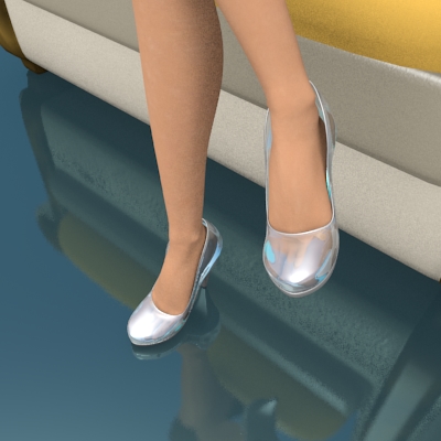 render de frente de la modelo sentada quitandose el zapato de cristal